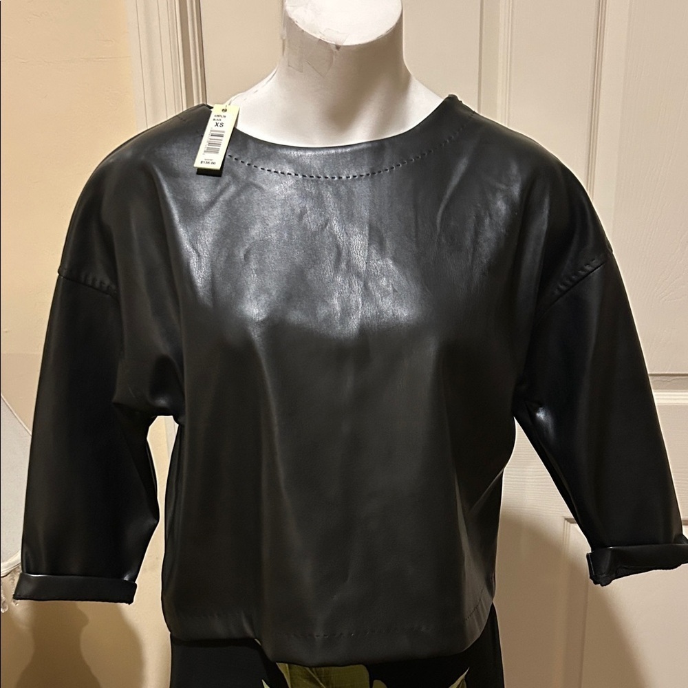Max Studio London Chic Black Faux Leather Blouse. XS, oversized, NWT